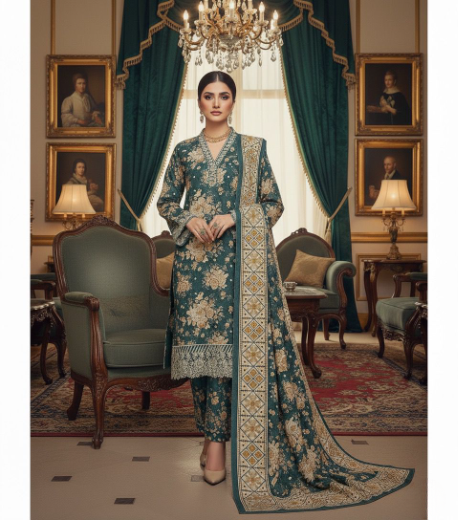 Emerald Grace 3PC Embroidered Winter Suit