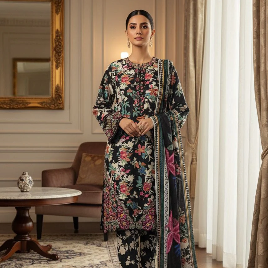 Midnight Bloom 3PC Embroidered Winter Coattail Suit