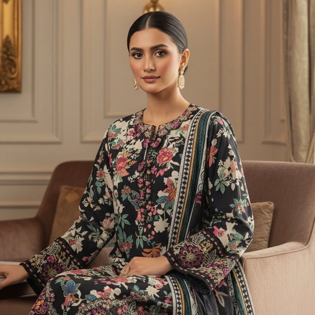 Midnight Bloom 3PC Embroidered Winter Coattail Suit