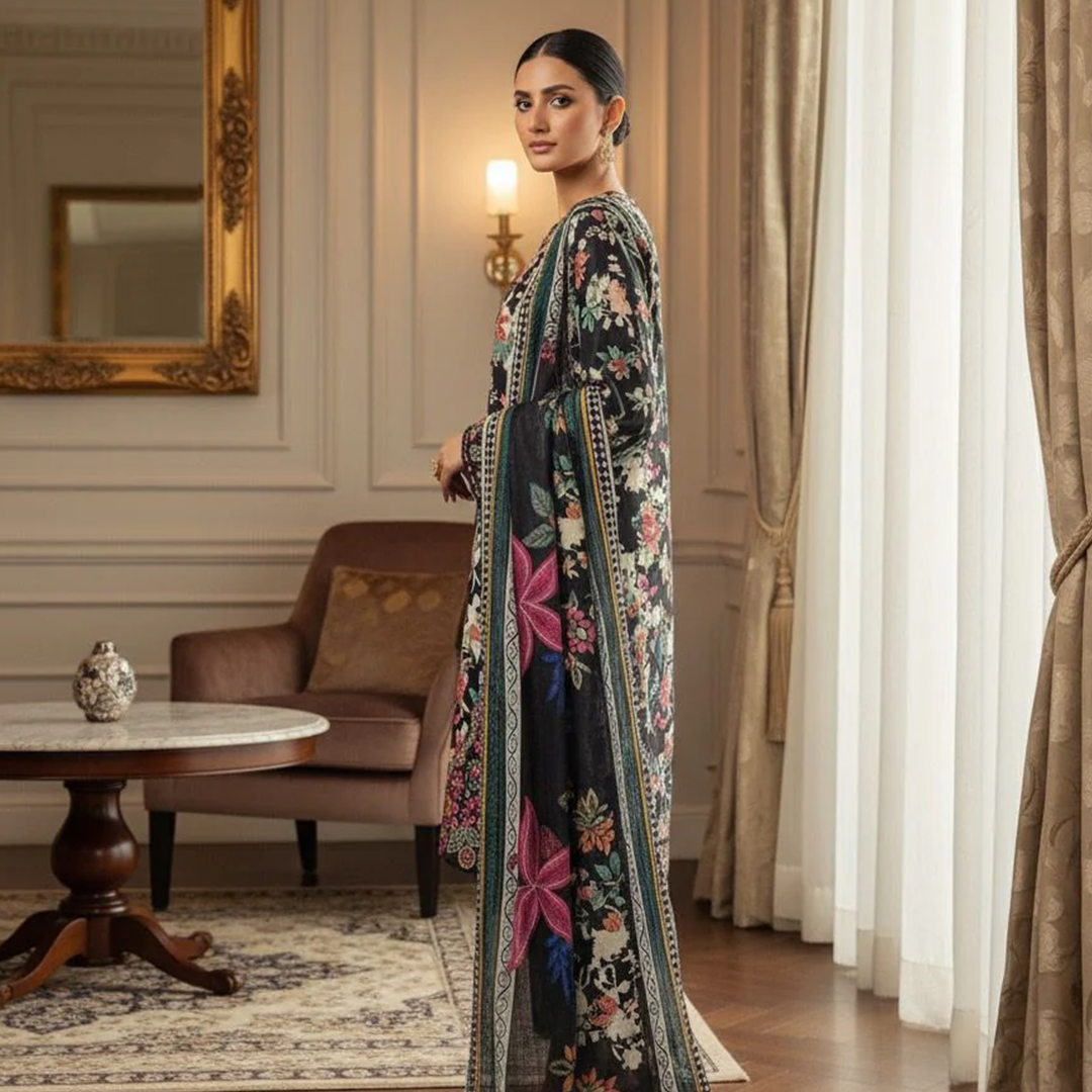 Midnight Bloom 3PC Embroidered Winter Coattail Suit