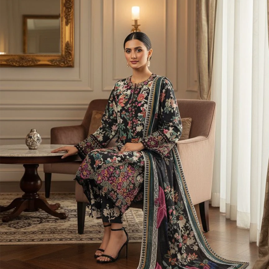 Midnight Bloom 3PC Embroidered Winter Coattail Suit