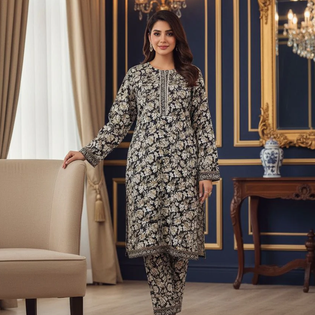 2-Piece Embroidered Khaddar Suit