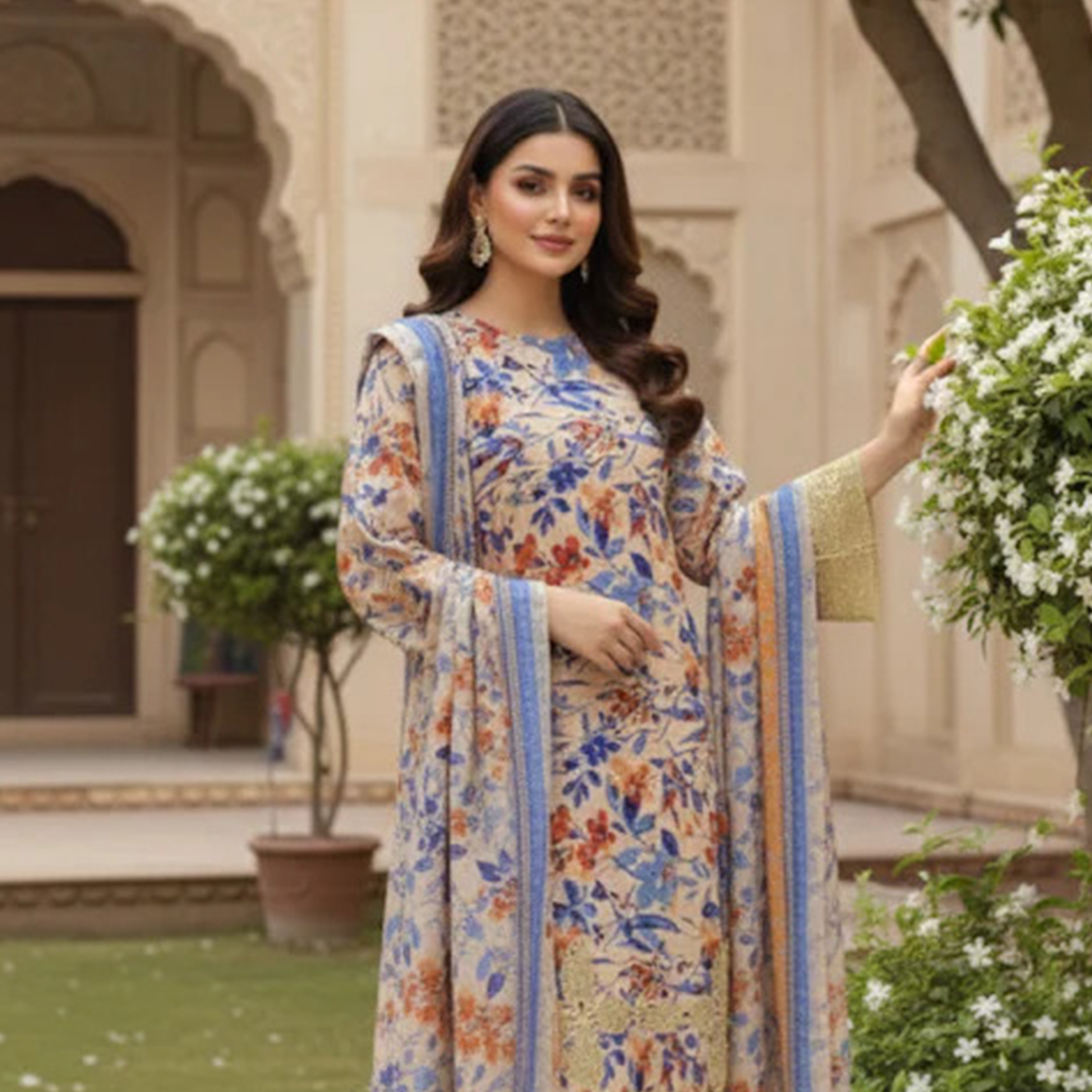 Off-white floral 3pc khaddar