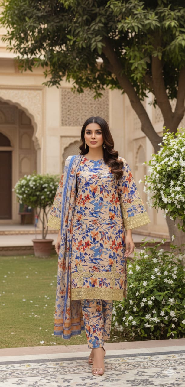 Off-white floral 3pc khaddar