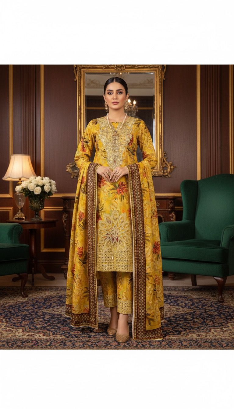 Mustard Yellow Embroidered cotton 3-Piece Suit