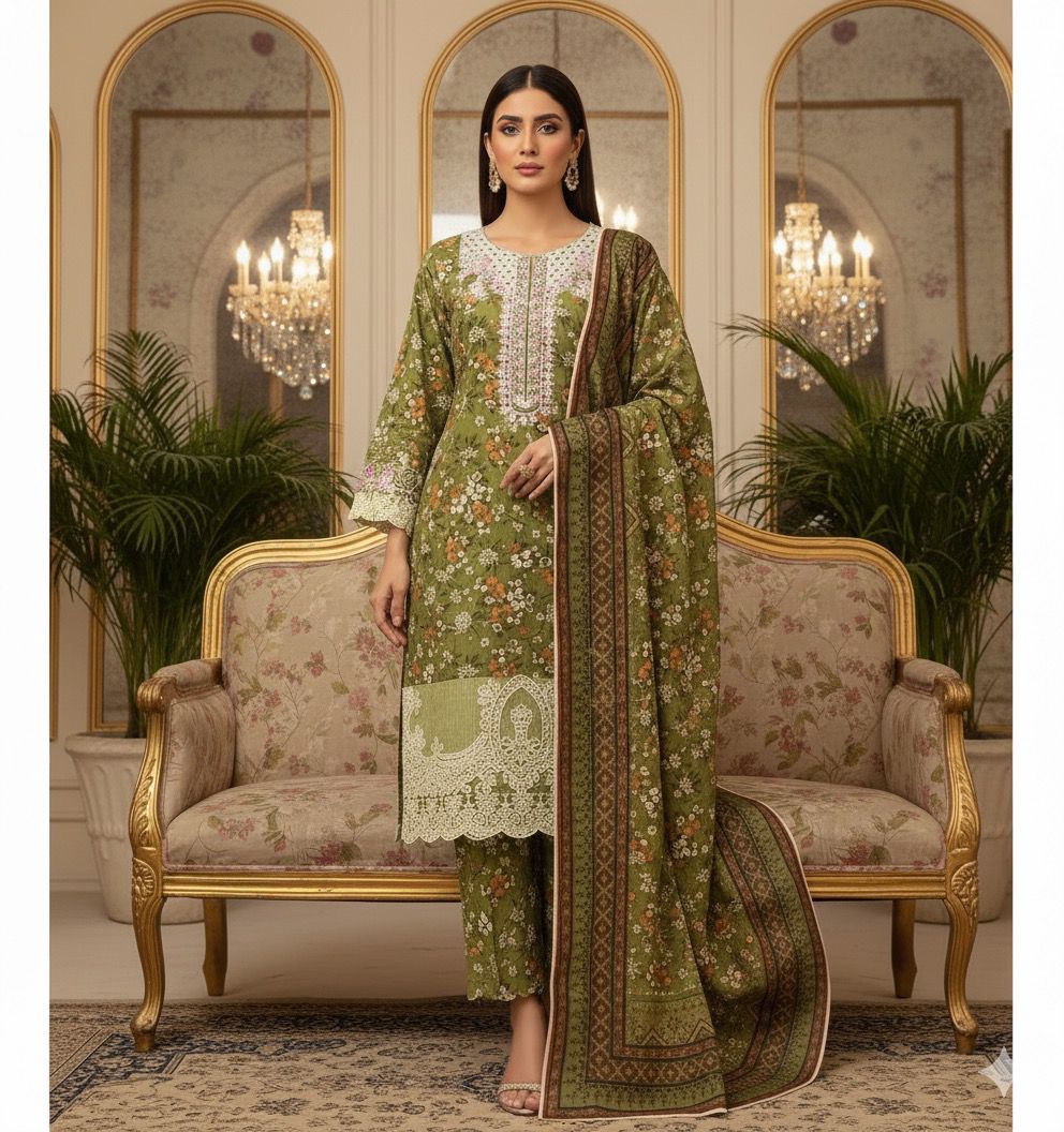 Olive Charm 3PC Embroidered Winter Suit