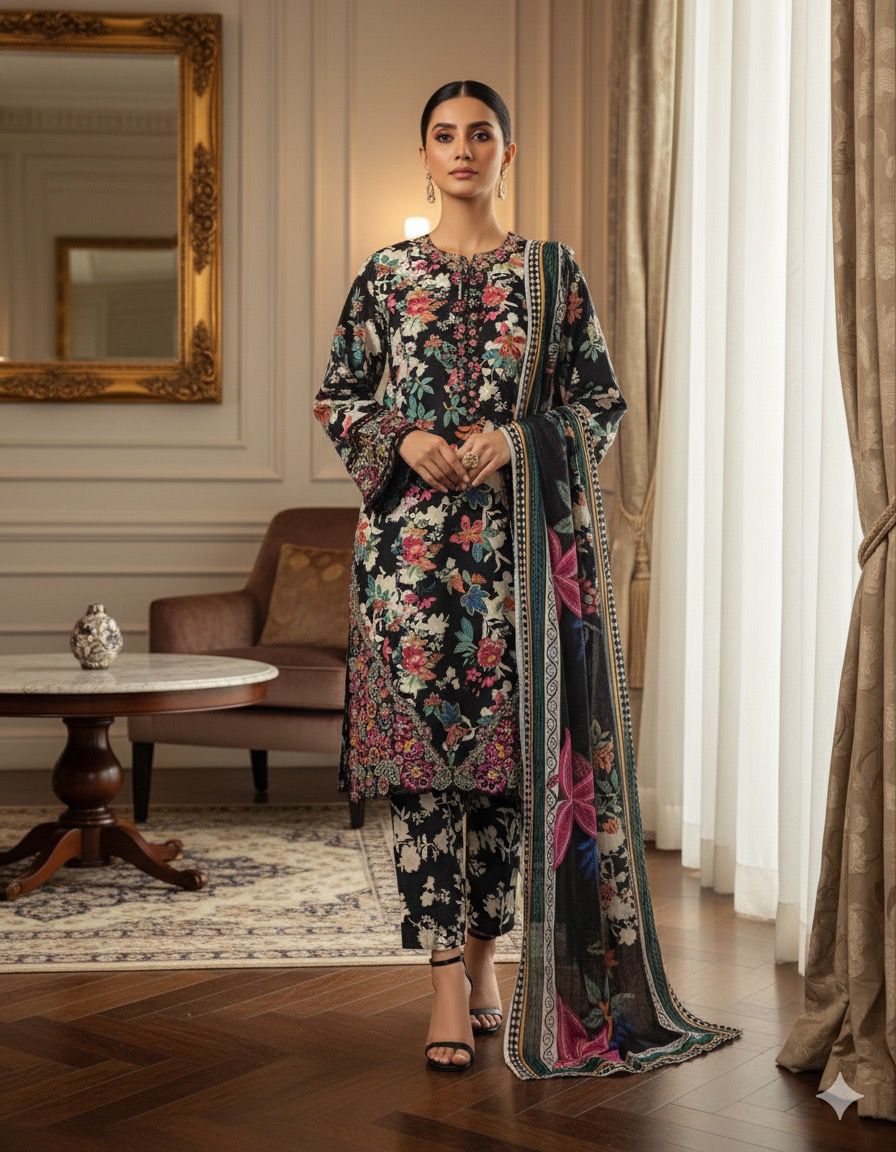 Midnight Bloom 3PC Embroidered Winter Coattail Suit