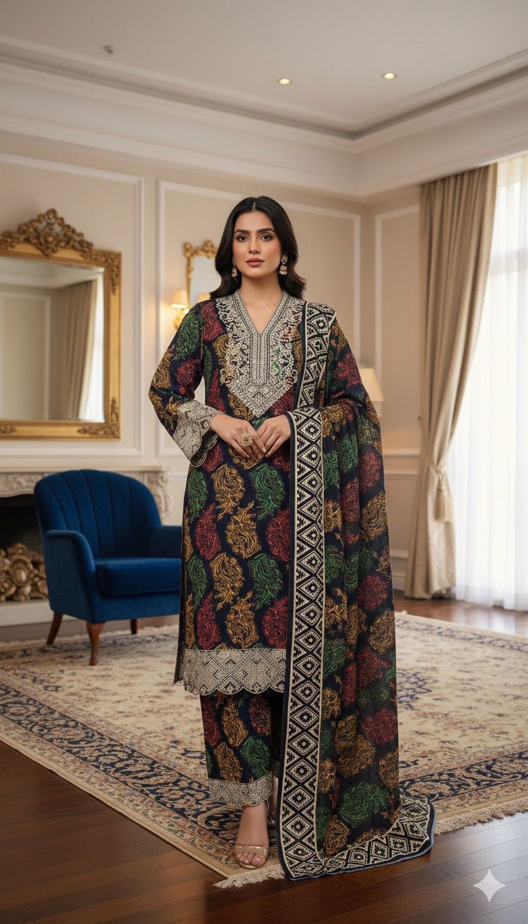 Midnight Mahal 3pc Embroidered Suit