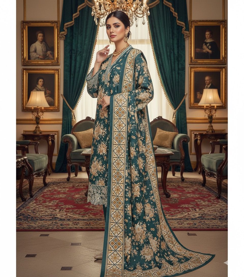 Emerald Grace 3PC Embroidered Winter Suit