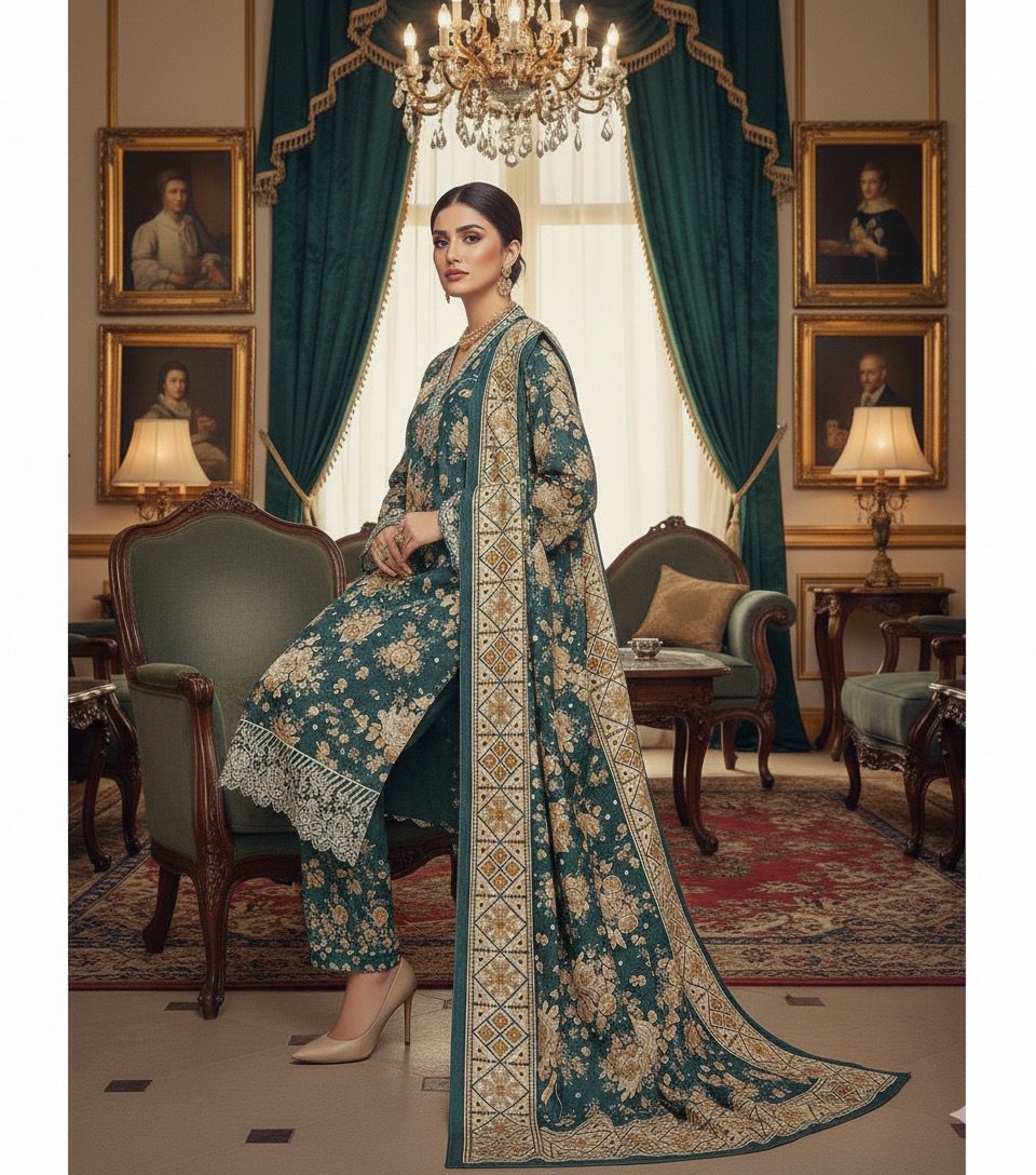 Emerald Grace 3PC Embroidered Winter Suit