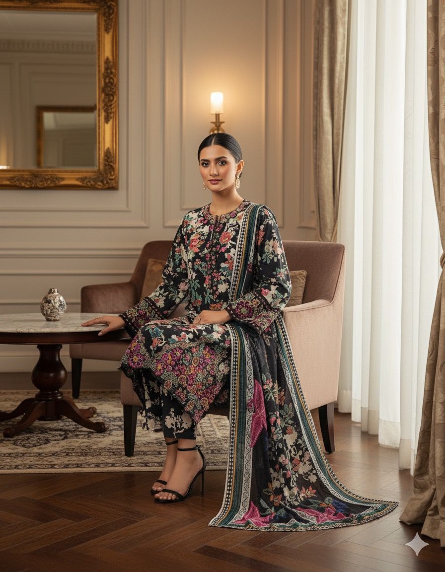 Midnight Bloom 3PC Embroidered Winter Coattail Suit