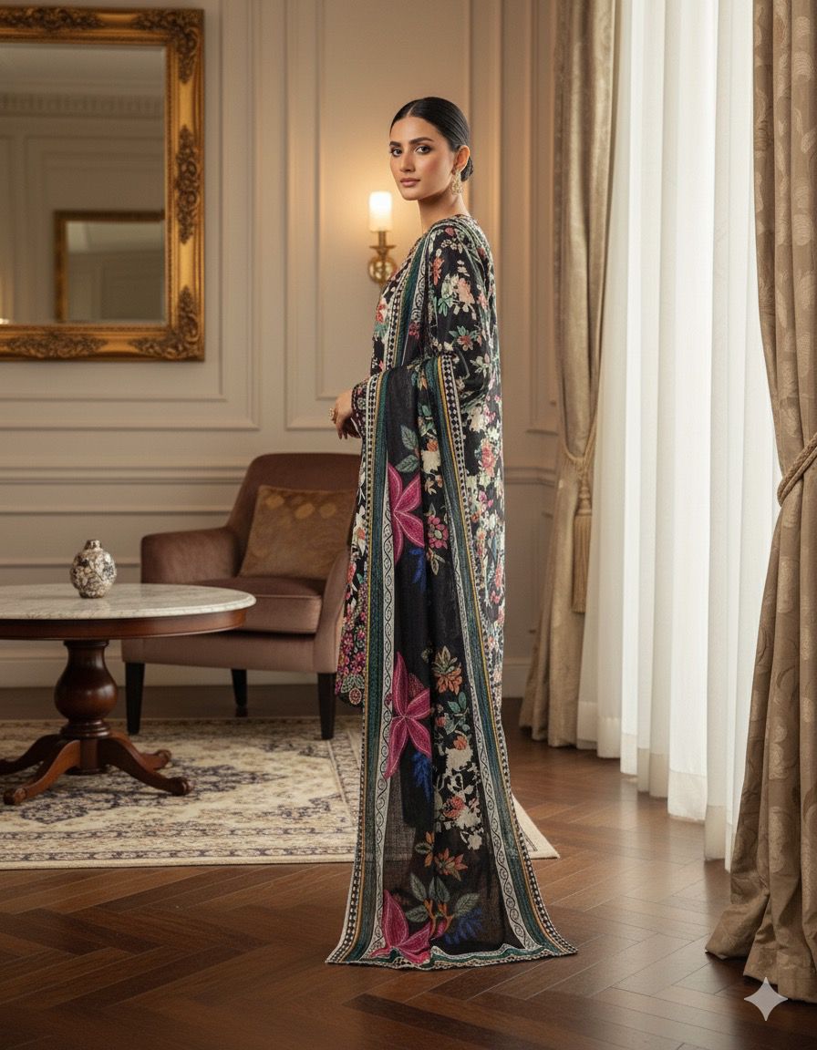 Midnight Bloom 3PC Embroidered Winter Coattail Suit