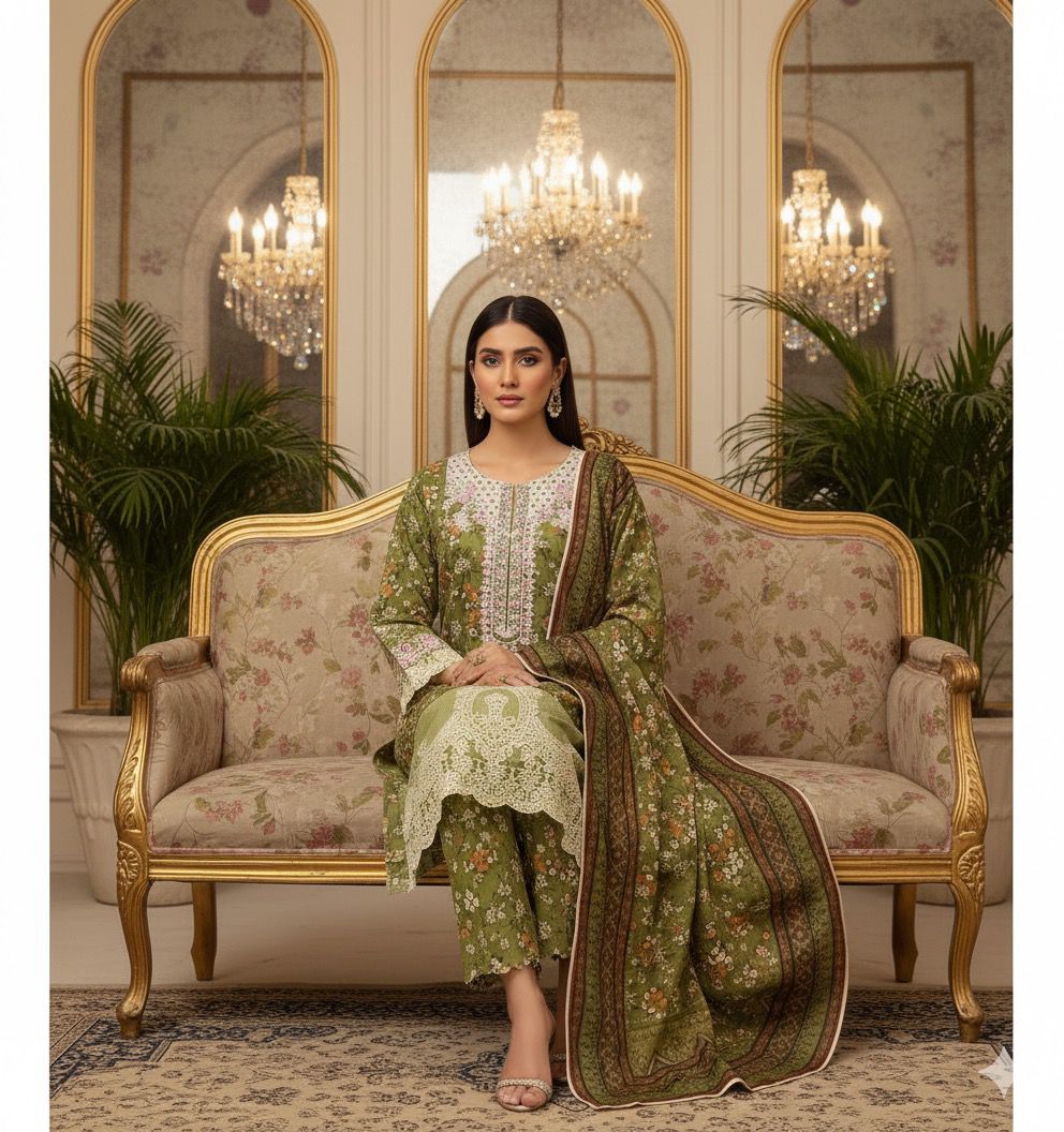 Olive Charm 3PC Embroidered Winter Suit