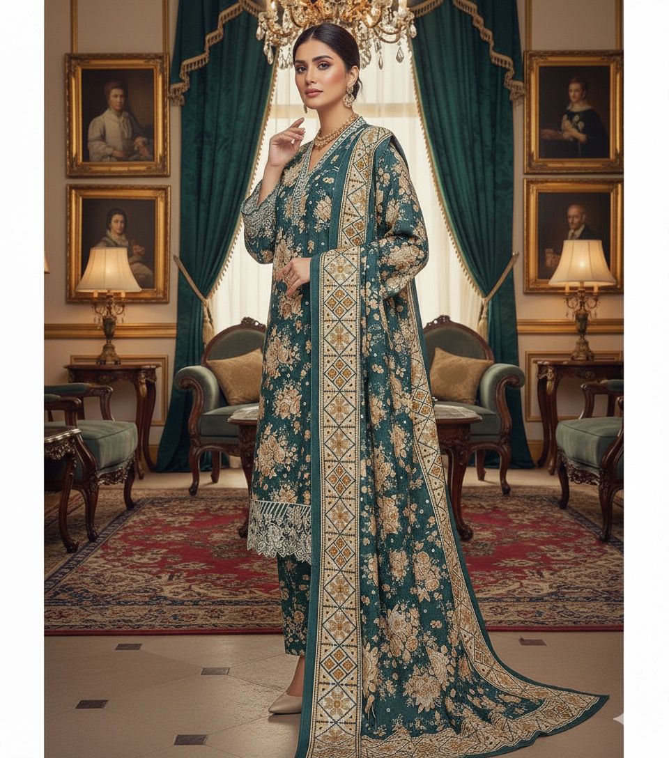 Emerald Grace 3PC Embroidered Winter Suit