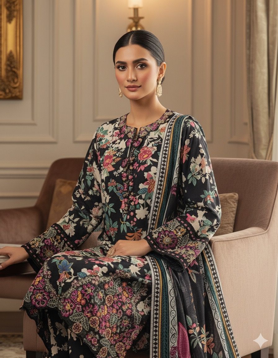 Midnight Bloom 3PC Embroidered Winter Coattail Suit