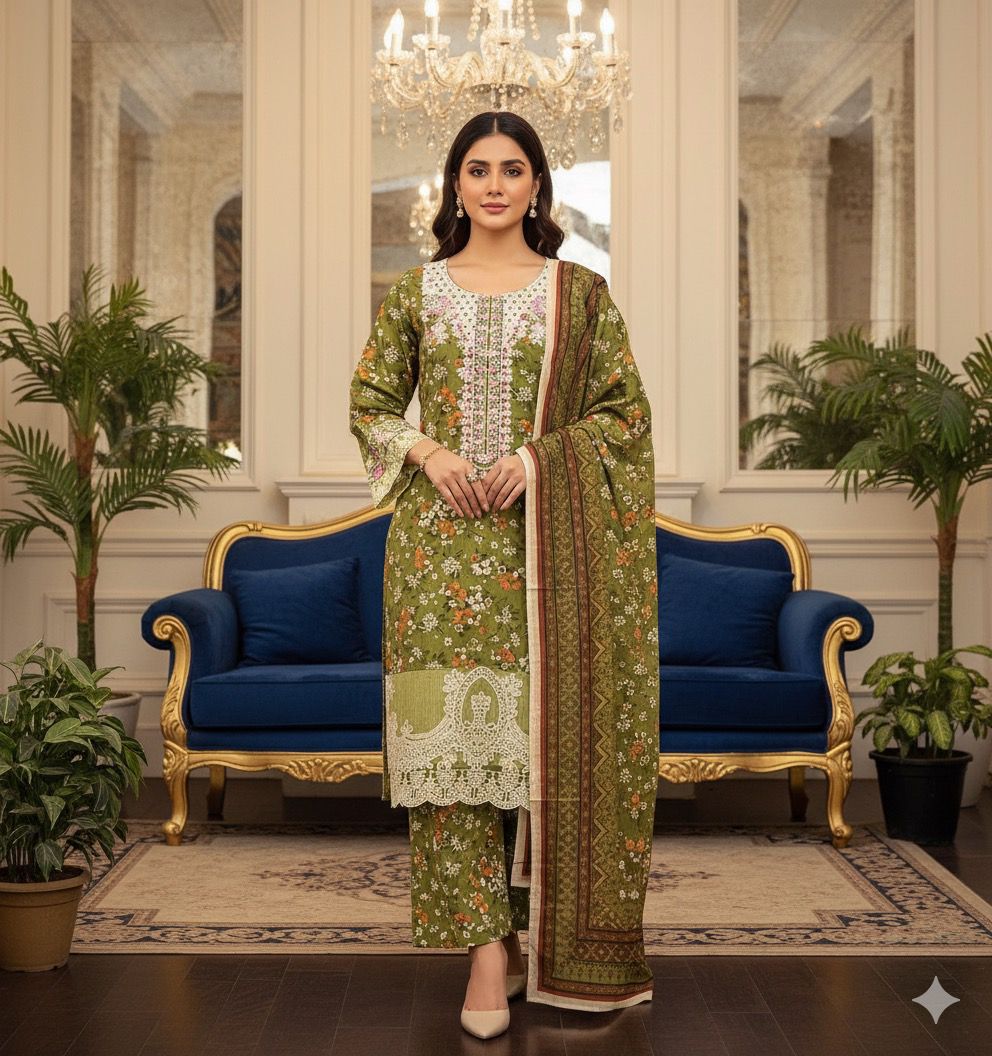 Olive Charm 3PC Embroidered Winter Suit