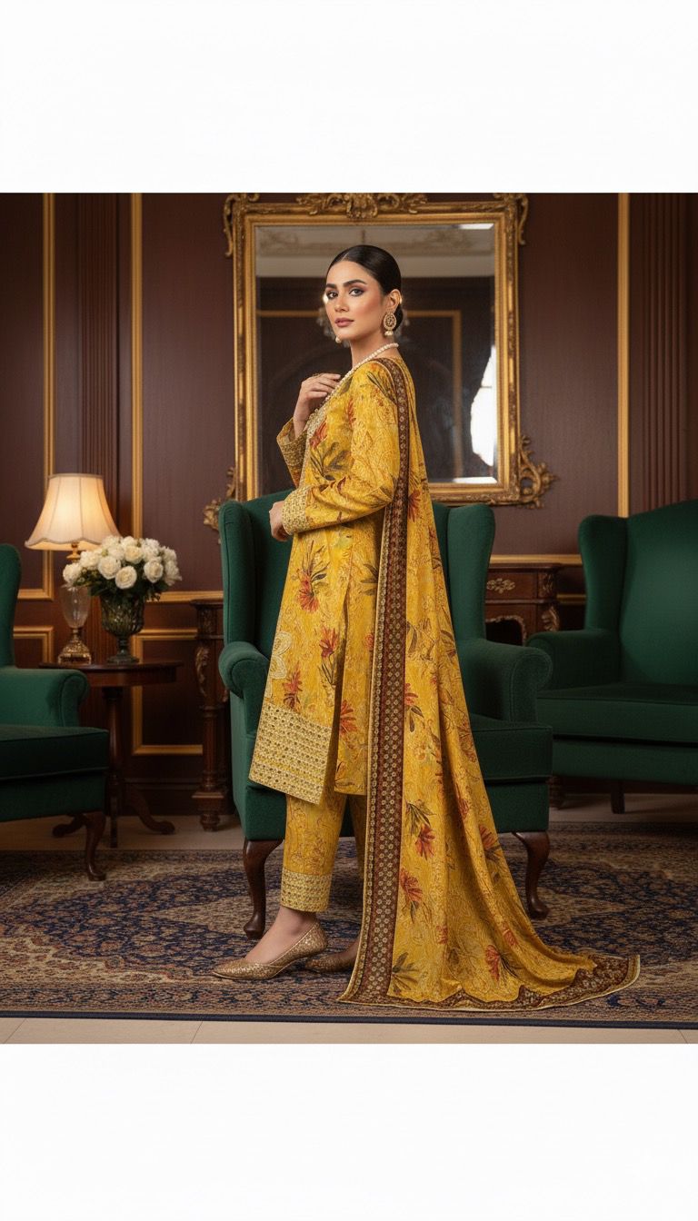 Mustard Yellow Embroidered cotton 3-Piece Suit
