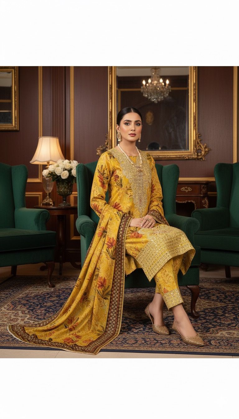 Mustard Yellow Embroidered cotton 3-Piece Suit