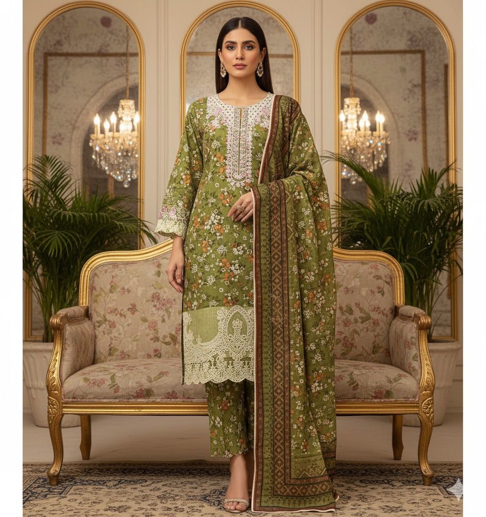 Olive Charm 3PC Embroidered Winter Suit