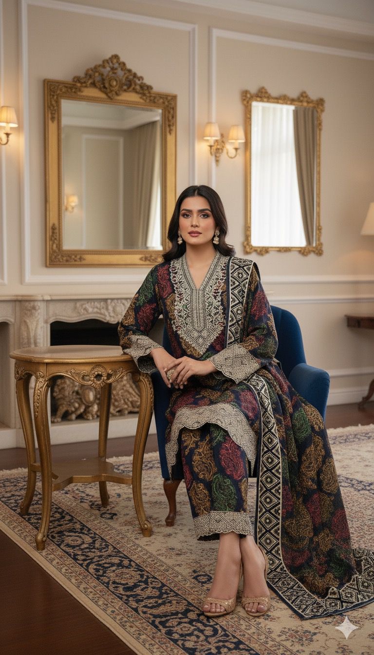 Midnight Mahal 3pc Embroidered Suit