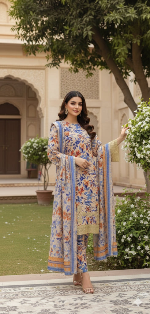 Off-white floral 3pc khaddar