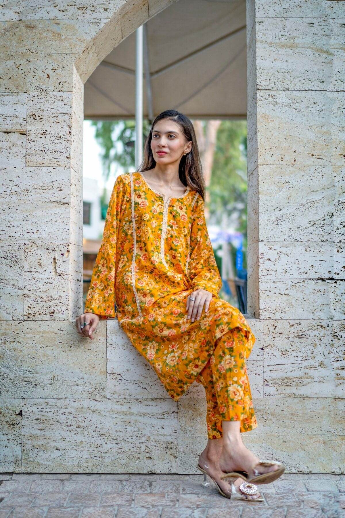 Mustard Digital Airjet Lawn co-ord set - Maan&Mahi