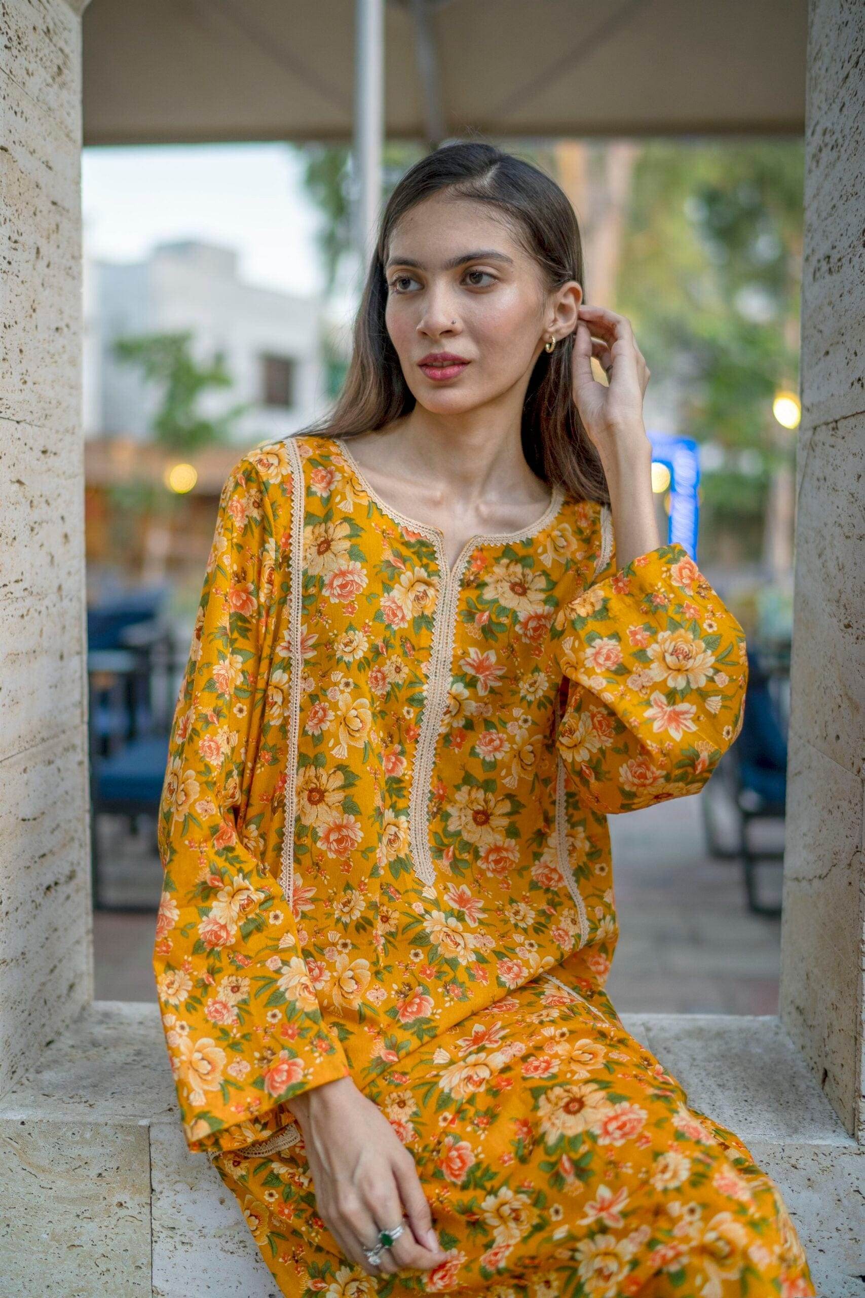 Mustard Digital Airjet Lawn co-ord set - Maan&Mahi