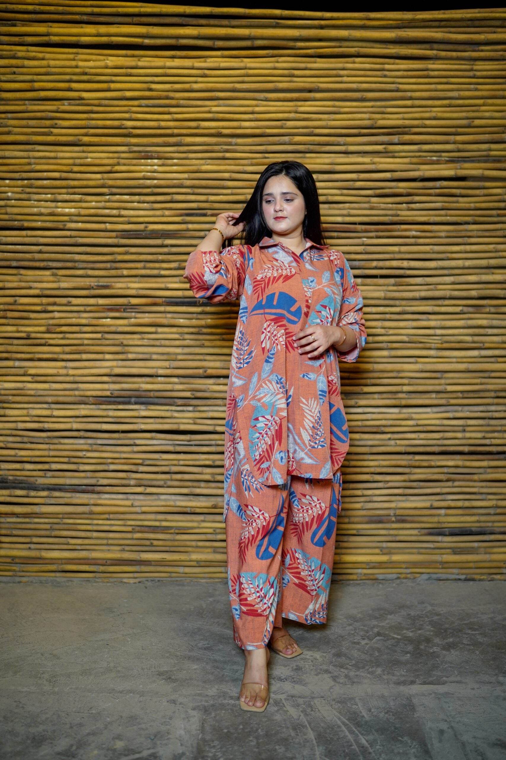 2pc Peach Digital Grip Silk Co-Ord Set - Maan&Mahi