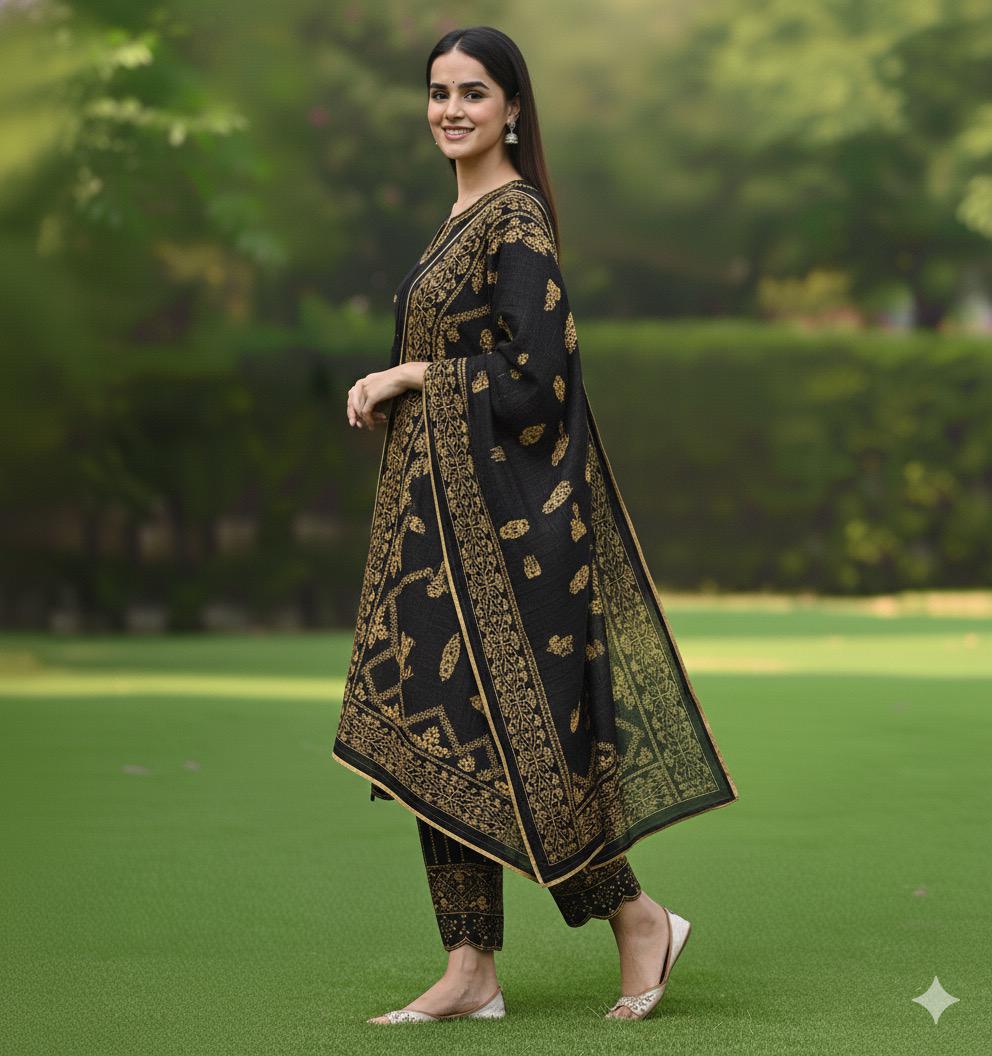 Black Glow – Embroidered Winter Cotton 3 Piece Suit