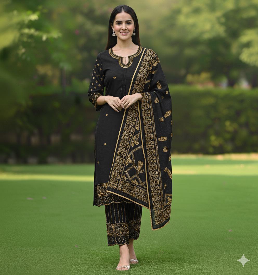 Black Glow – Embroidered Winter Cotton 3 Piece Suit