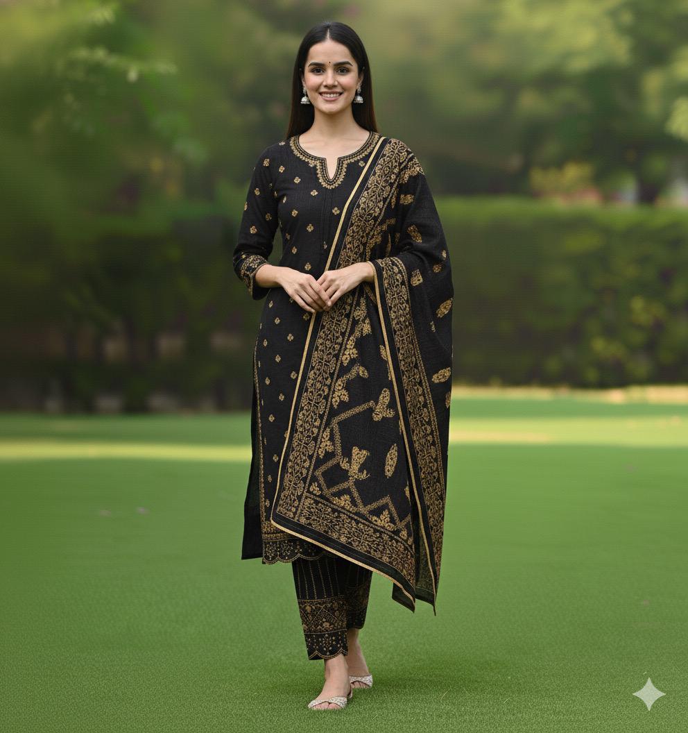 Black Glow – Embroidered Winter Cotton 3 Piece Suit