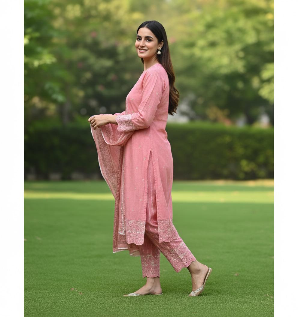 Peach Glow – Embroidered Winter Cotton 3 Piece Suit