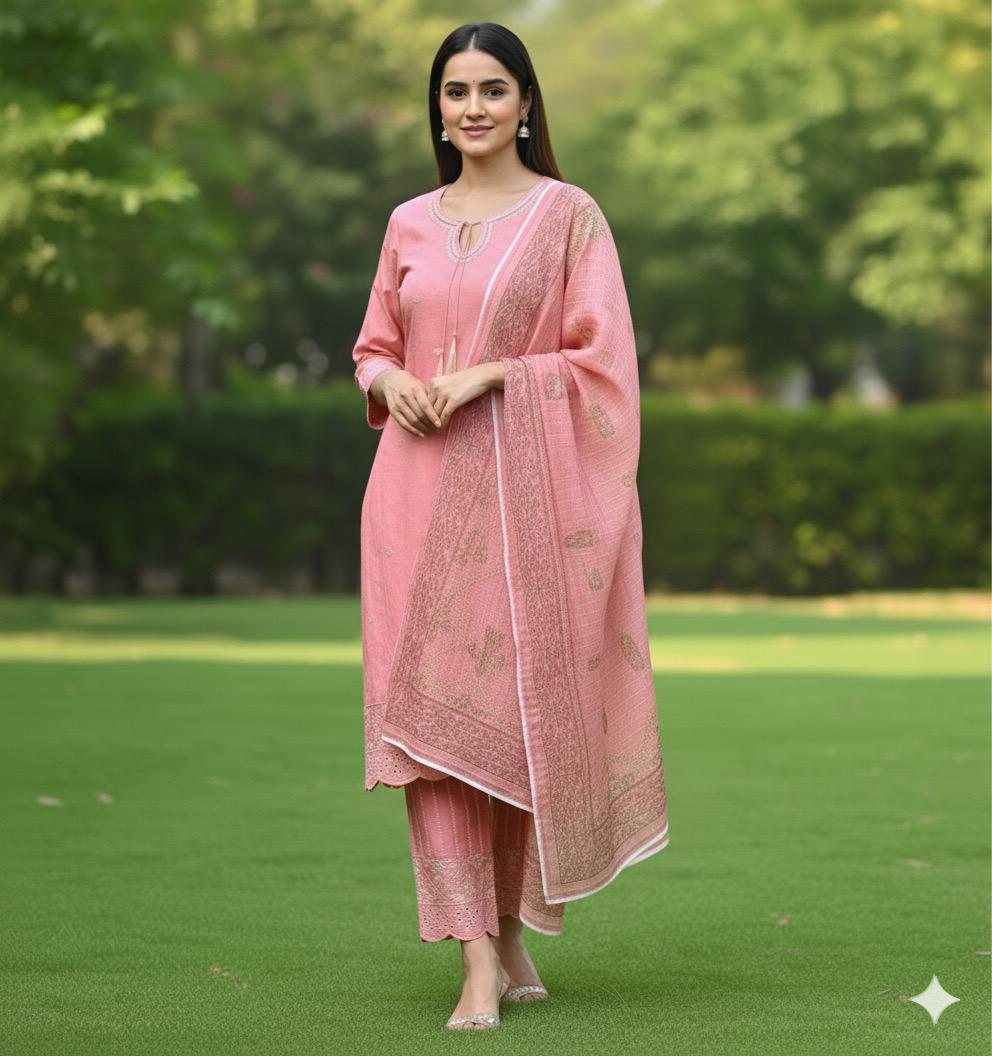 Peach Glow – Embroidered Winter Cotton 3 Piece Suit