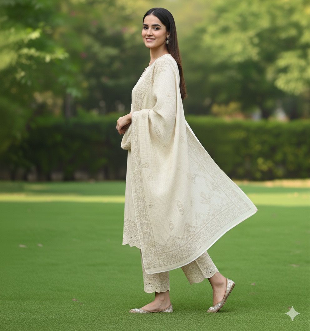 Off White Glow – Embroidered Winter Cotton 3 Piece Suit