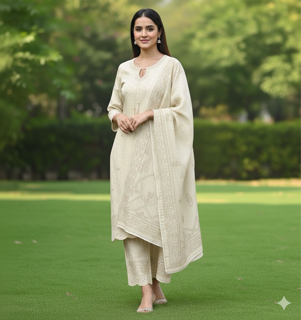 Off White Glow – Embroidered Winter Cotton 3 Piece Suit