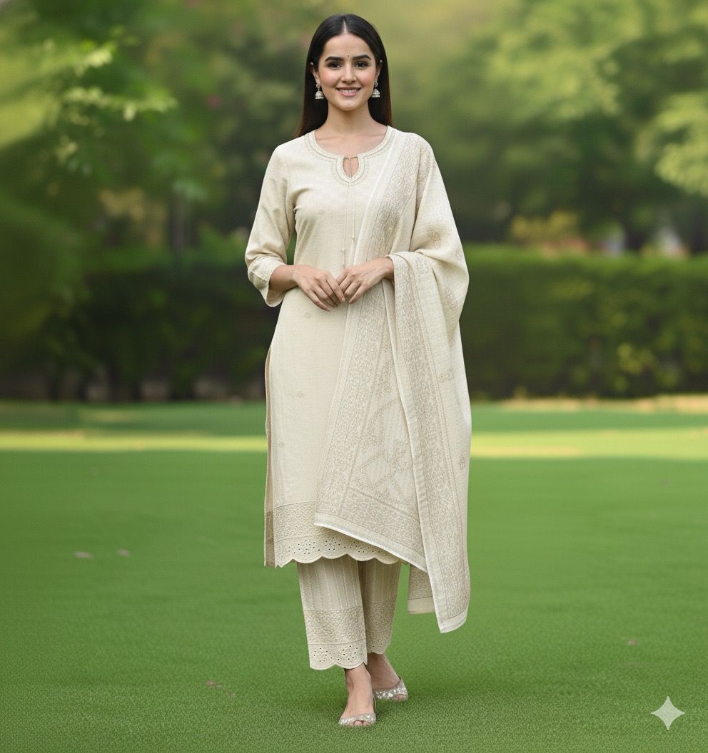 Off White Glow – Embroidered Winter Cotton 3 Piece Suit