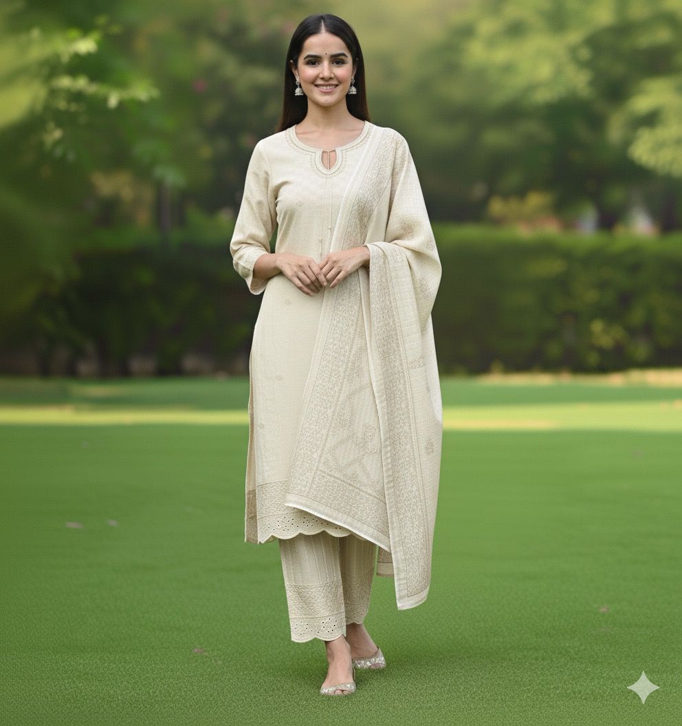 Off White Glow – Embroidered Winter Cotton 3 Piece Suit