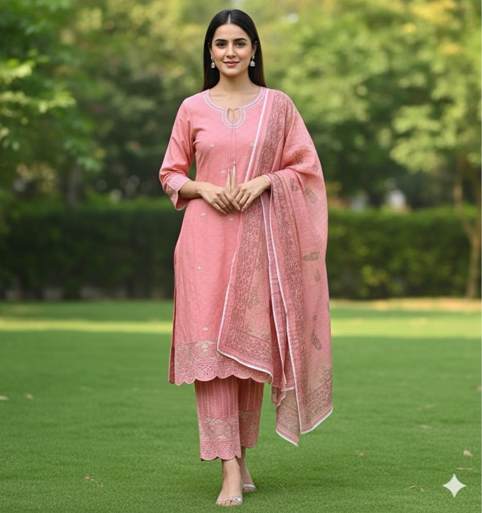 Peach Glow – Embroidered Winter Cotton 3 Piece Suit