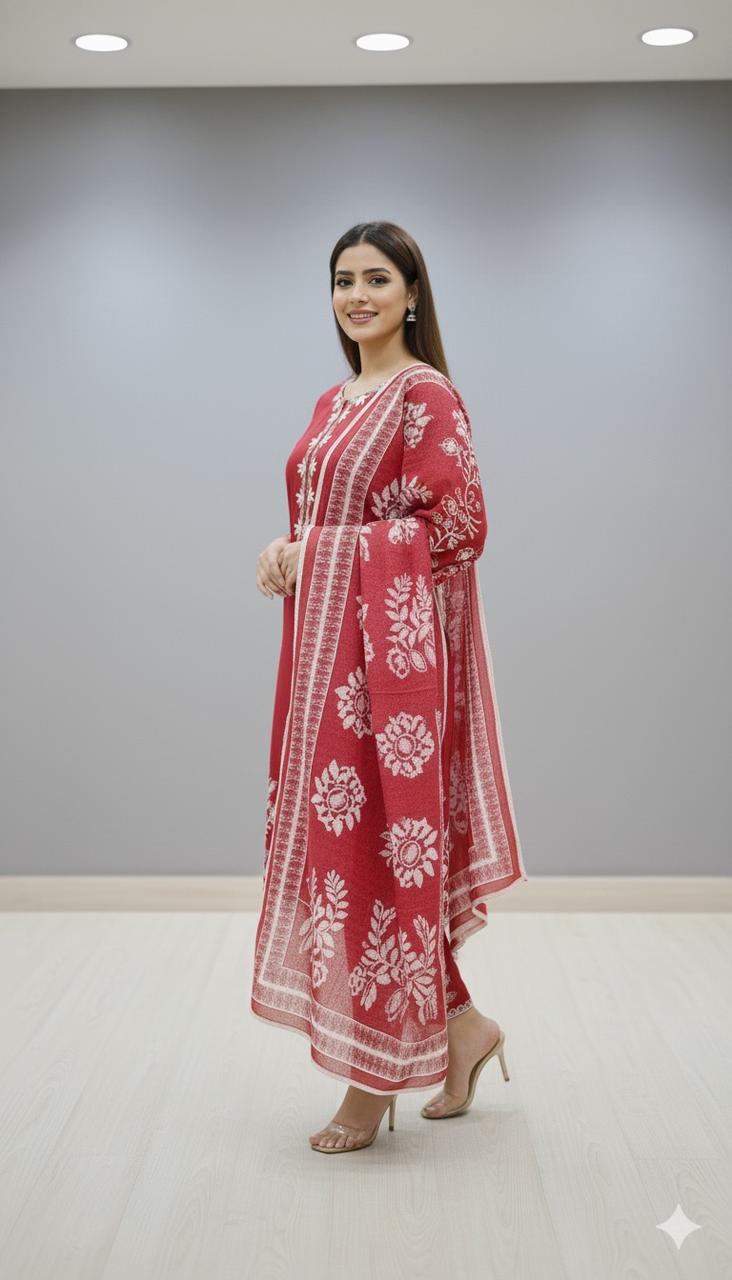 Crimson Bloom – Winter Cotton 3 Piece Suit