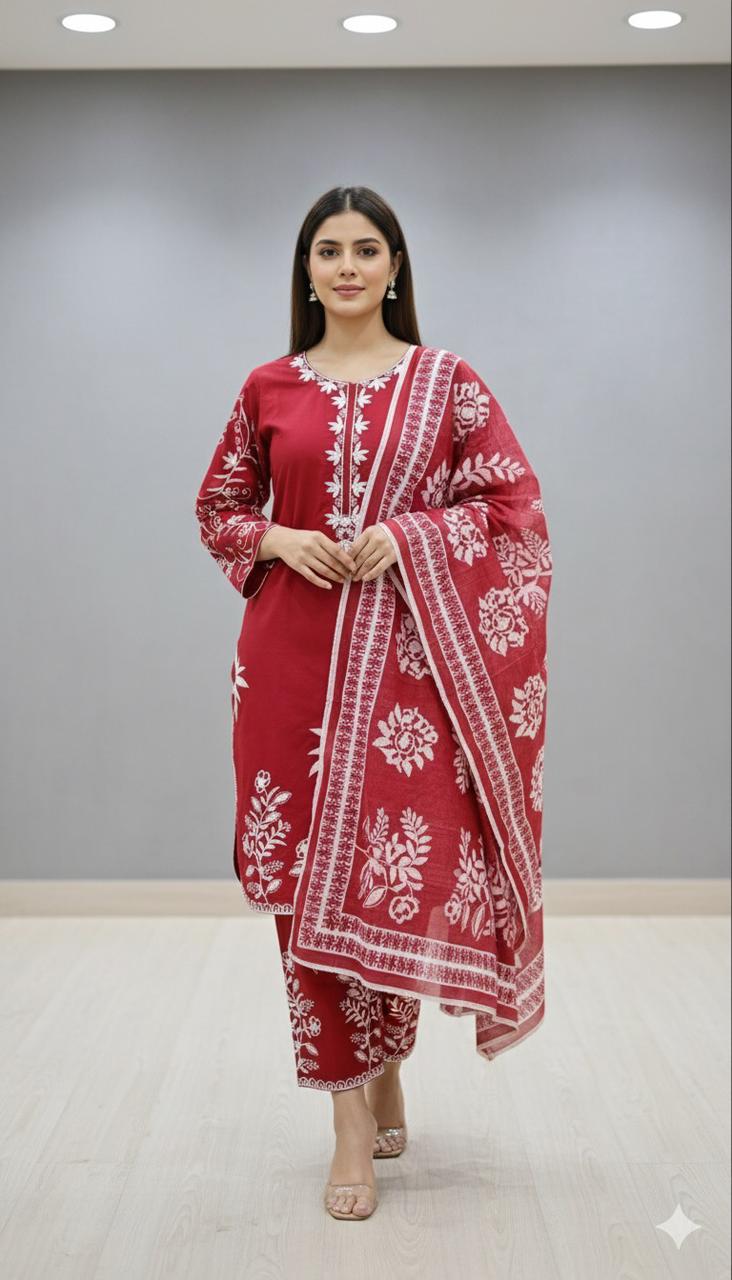 Crimson Bloom – Winter Cotton 3 Piece Suit