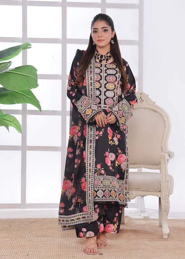 Black Silk Floral Suit