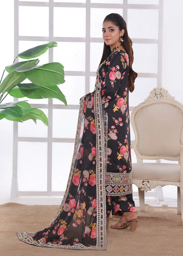 Black Silk Floral Suit