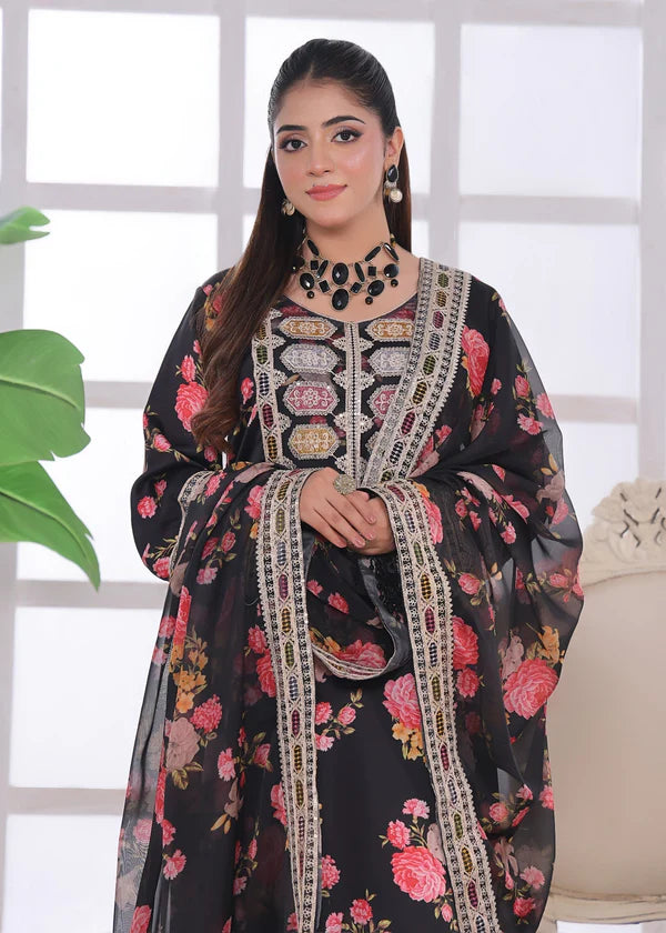 Black Silk Floral Suit