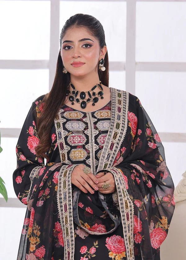 Black Silk Floral Suit