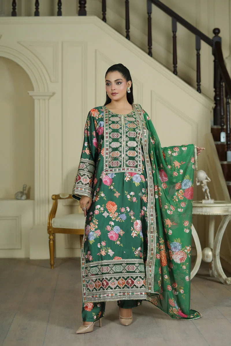 Green Silk Floral Suit
