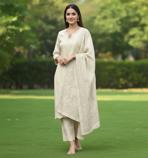 Off White Glow – Embroidered Winter Cotton 3 Piece Suit