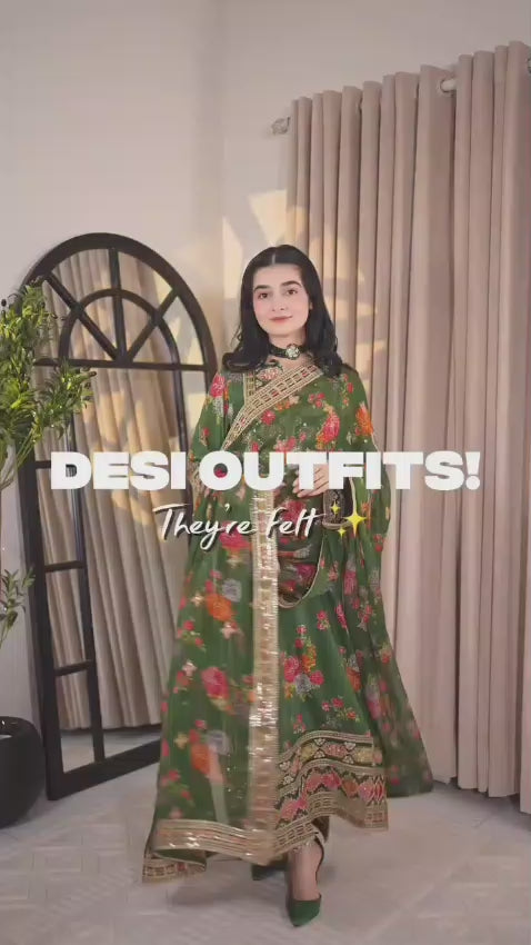 Green Silk Floral Suit