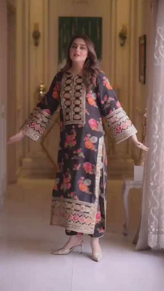 Black Silk Floral Suit