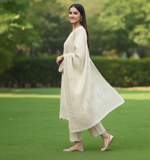 Off White Glow – Embroidered Winter Cotton 3 Piece Suit