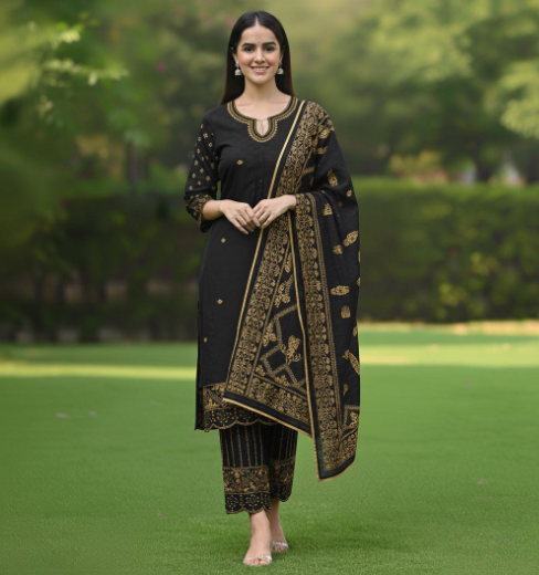 Black Glow – Embroidered Winter Cotton 3 Piece Suit